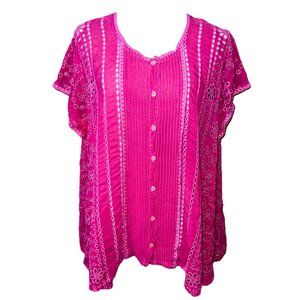 Johnny Was Pink Floral Eyelet Embroidered Button Down Top